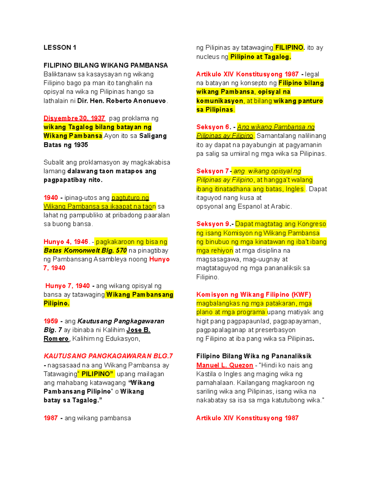 FILI Lesson Review: Filipino as National Language Overview - Studocu