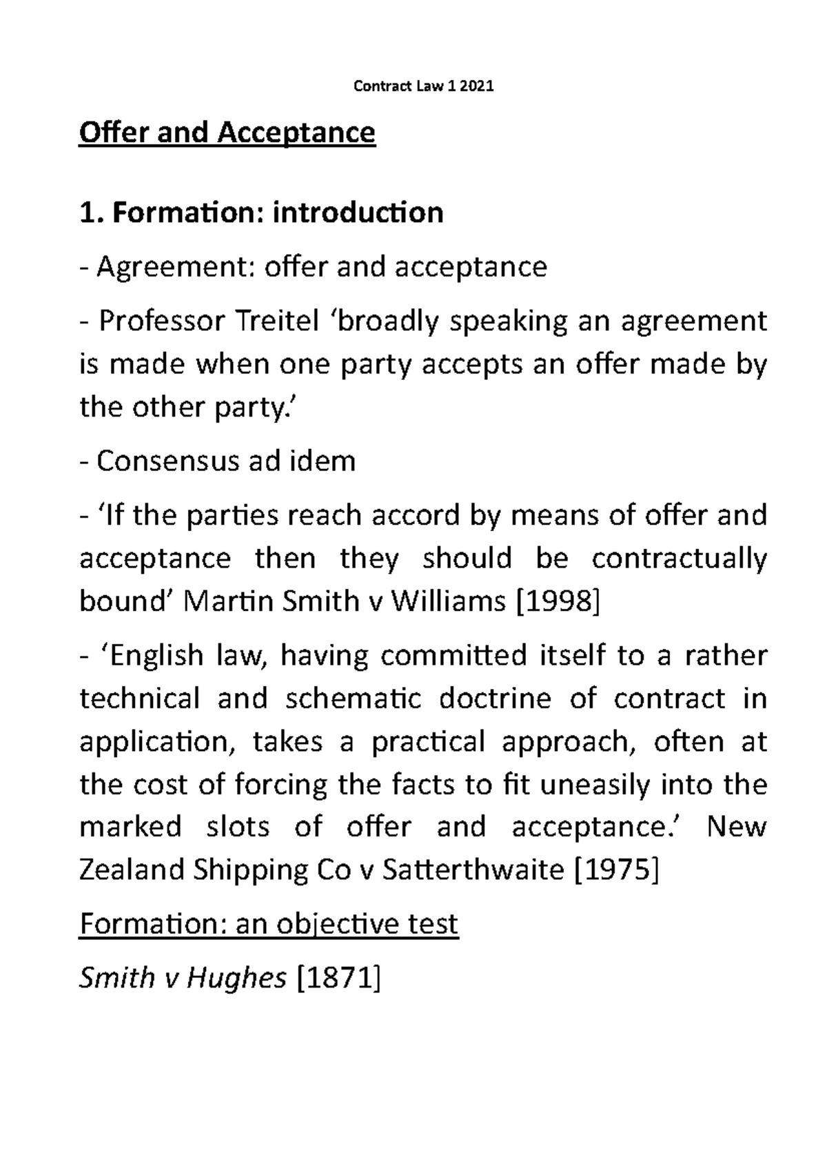 Topic 1 Offer and Acceptance Notes - Contract Law 1 2021 Offer and ...