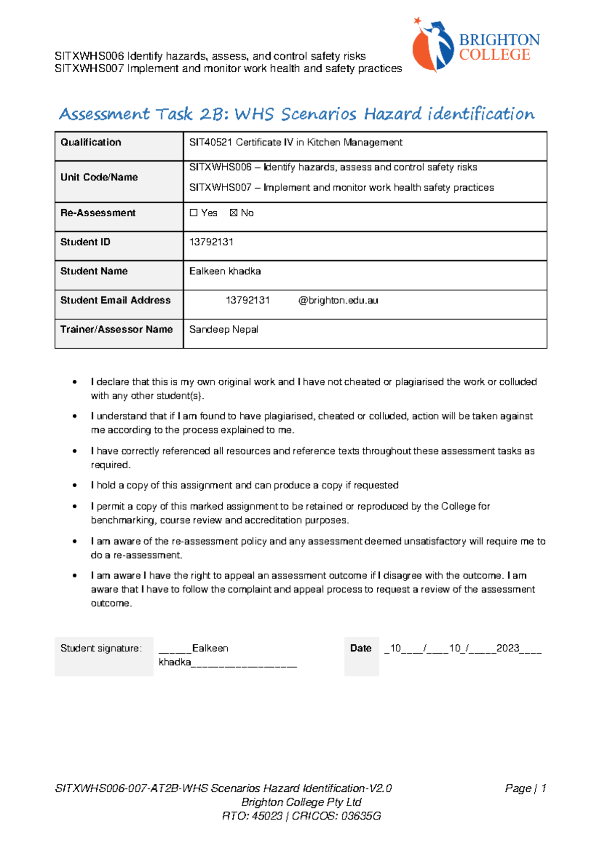 SITXWHS006-007 AT2B: WHS Hazard Identification Scenarios Analysis - Studocu