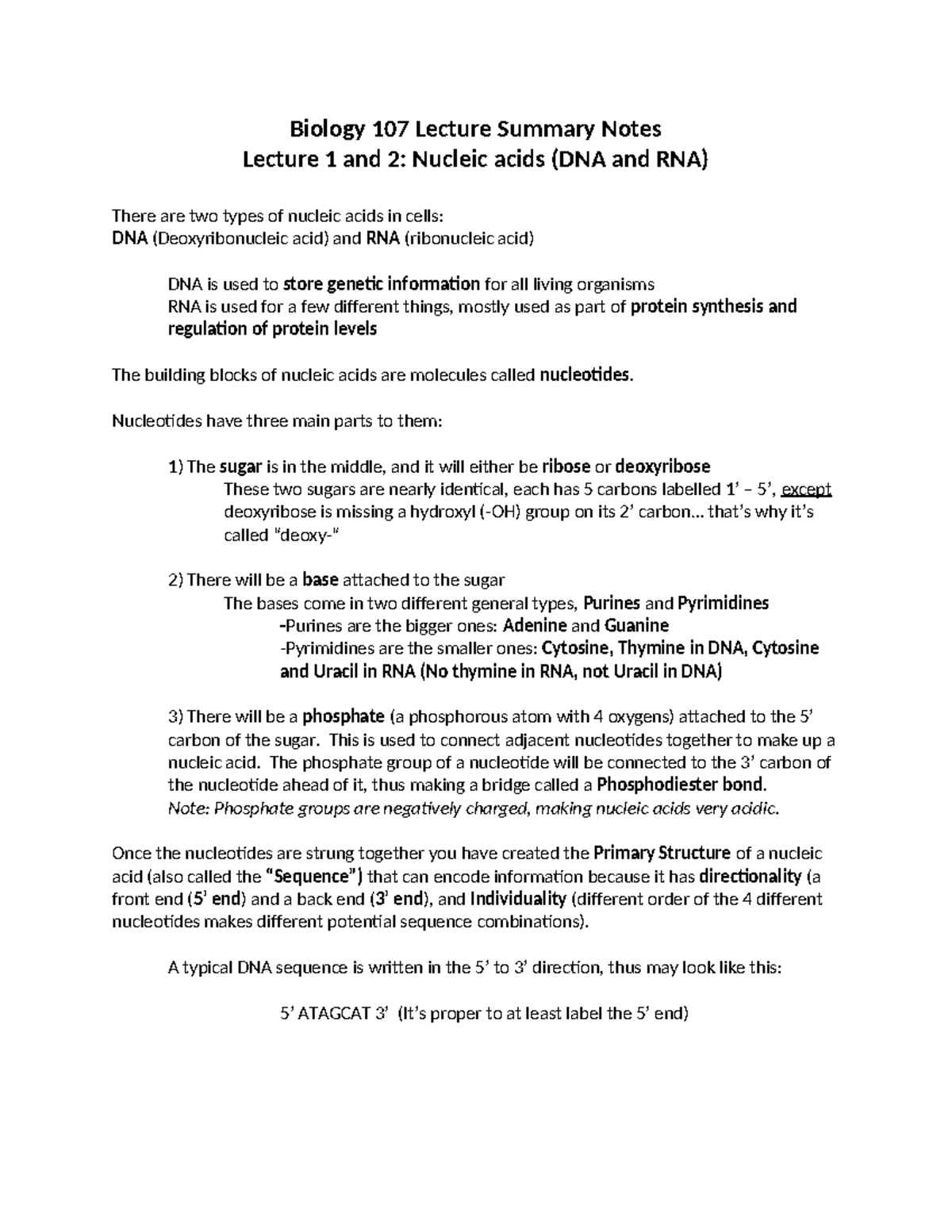 Biology 107 Lecture Notes: Structure and Function of Nucleic Acids ...