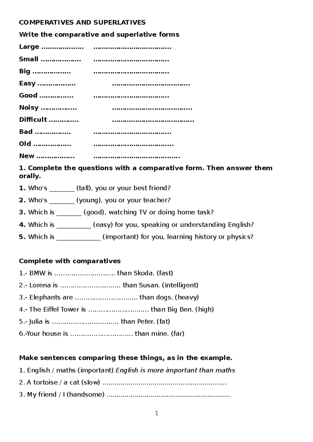 Comparative and Superlative Forms Exercises - Studocu