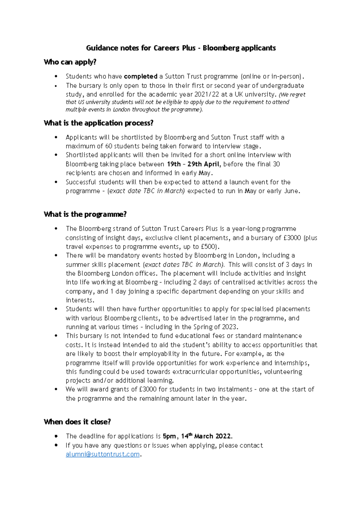 Bloomberg Final Applicant Guidance Notes for Careers Plus 2021/22 - Studocu