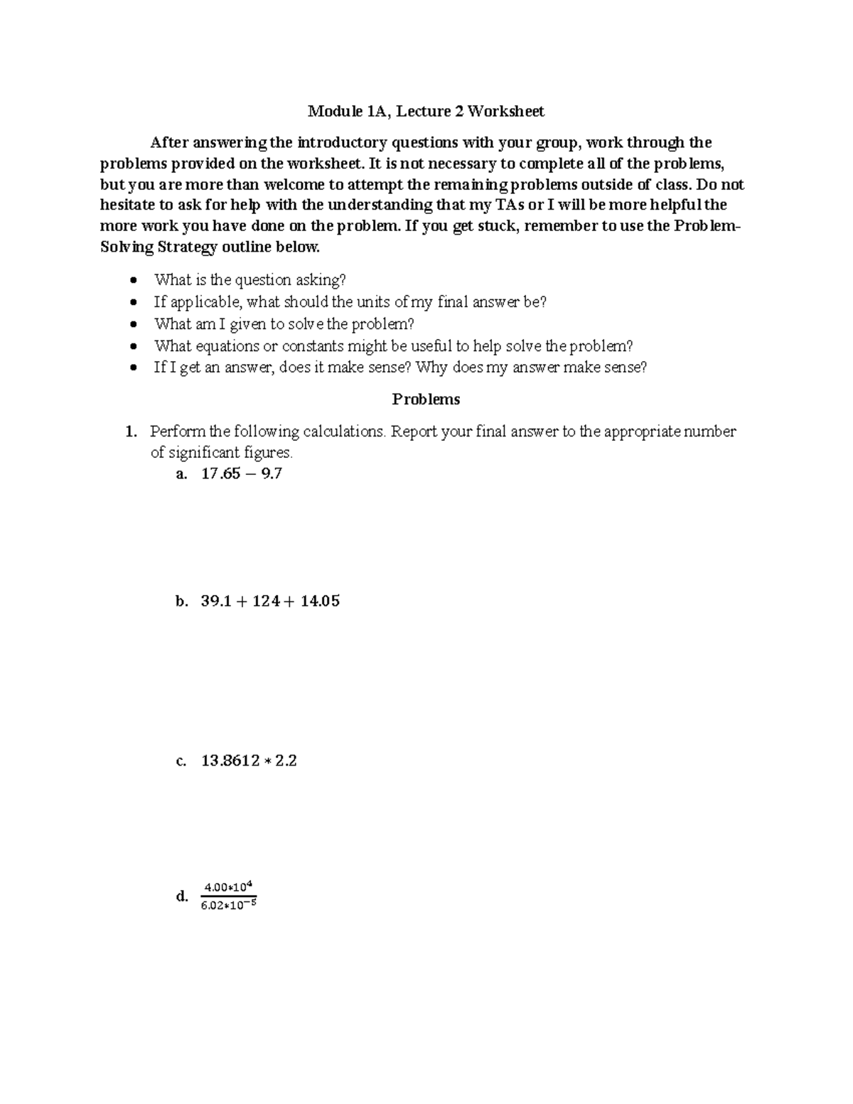 Module 1A, Lecture 2 Worksheet: Problem Solving & Calculations - Studocu