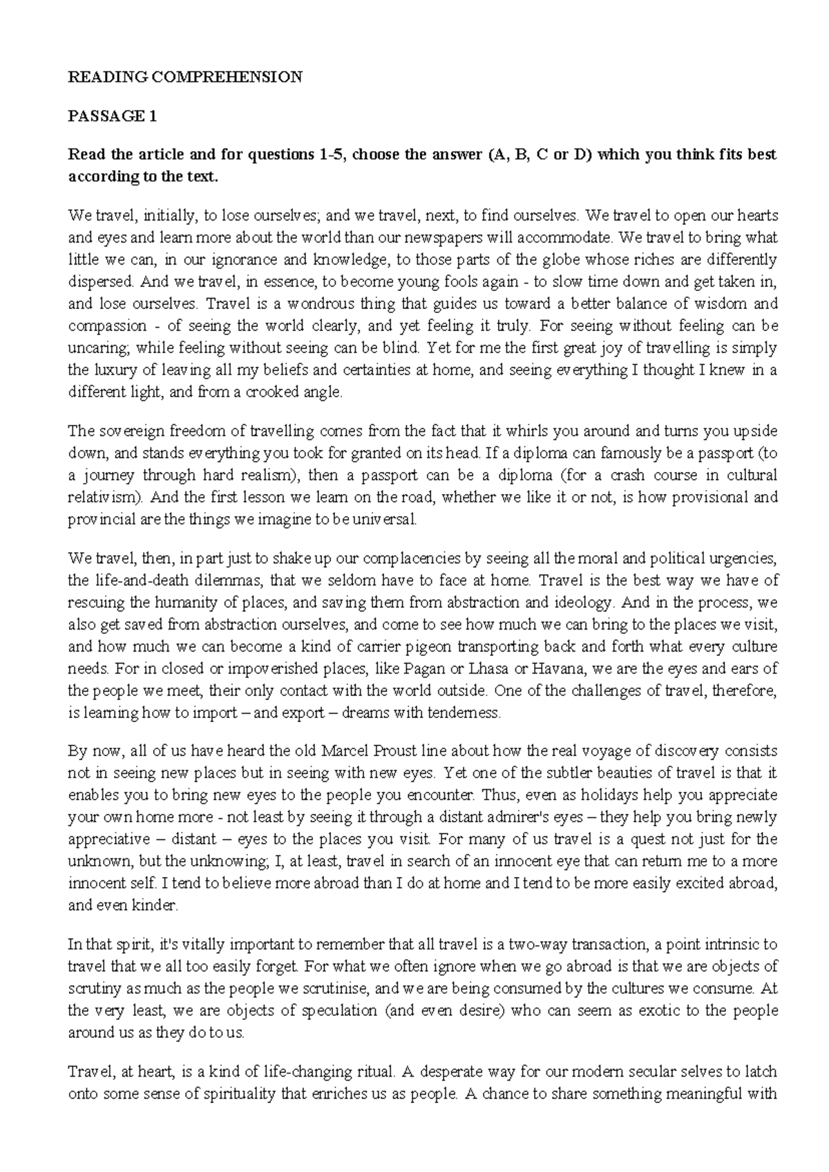 15.11 Reading - practicing materials - READING COMPREHENSION PASSAGE 1 ...