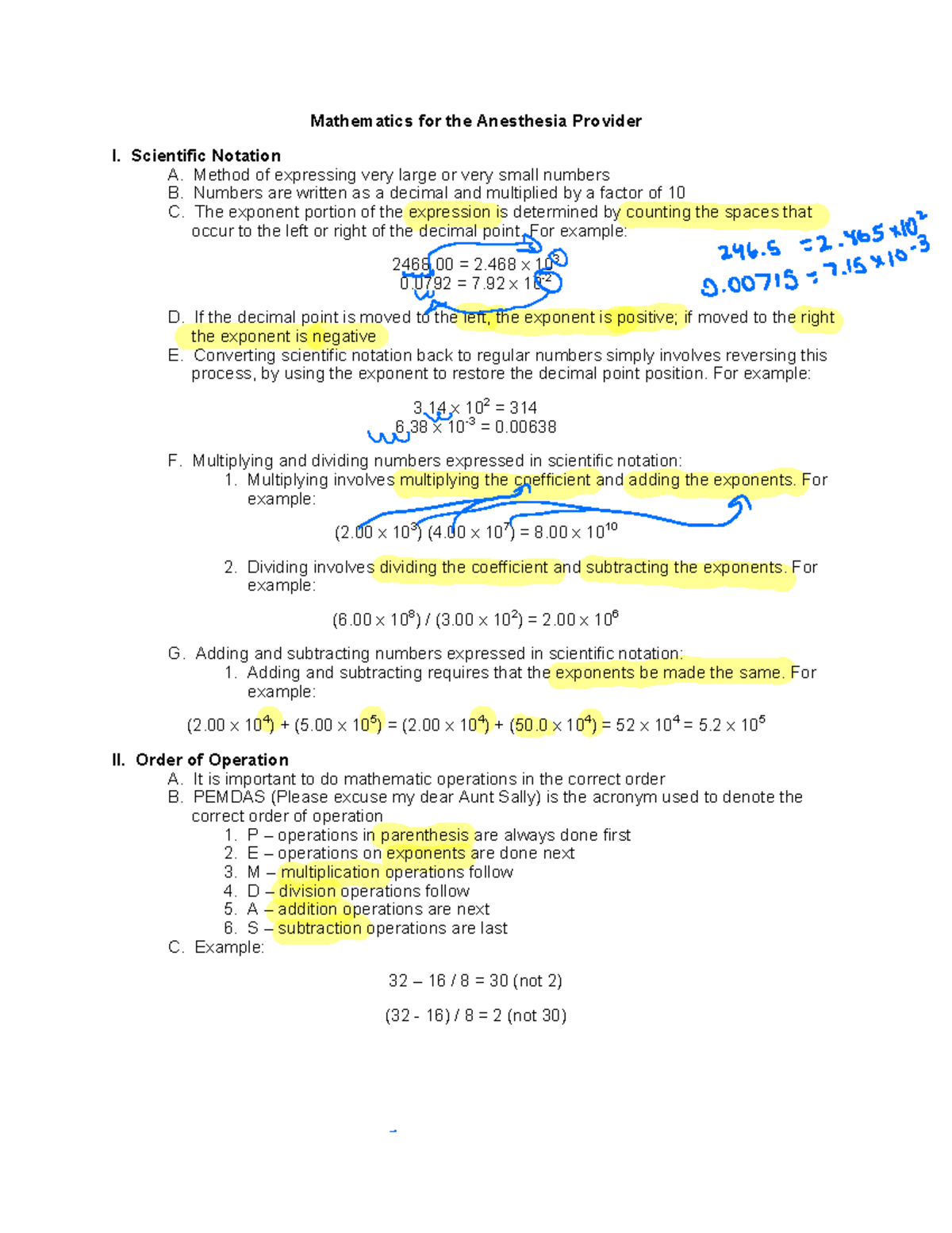 Mathematics and Calculations for Anesthesia Providers (ANES 101) - Studocu