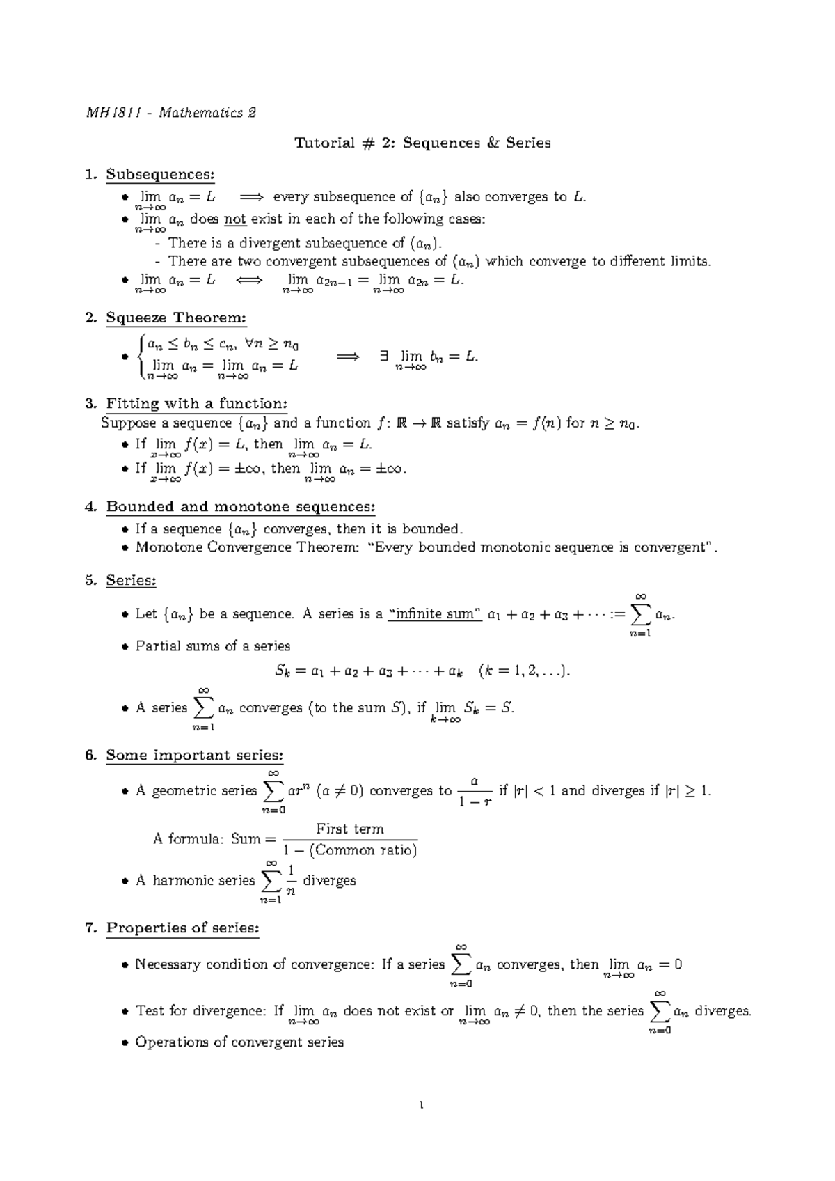 MH1811 - Mathematics 2 Tutorial 2: Sequences & Series Summary - Studocu