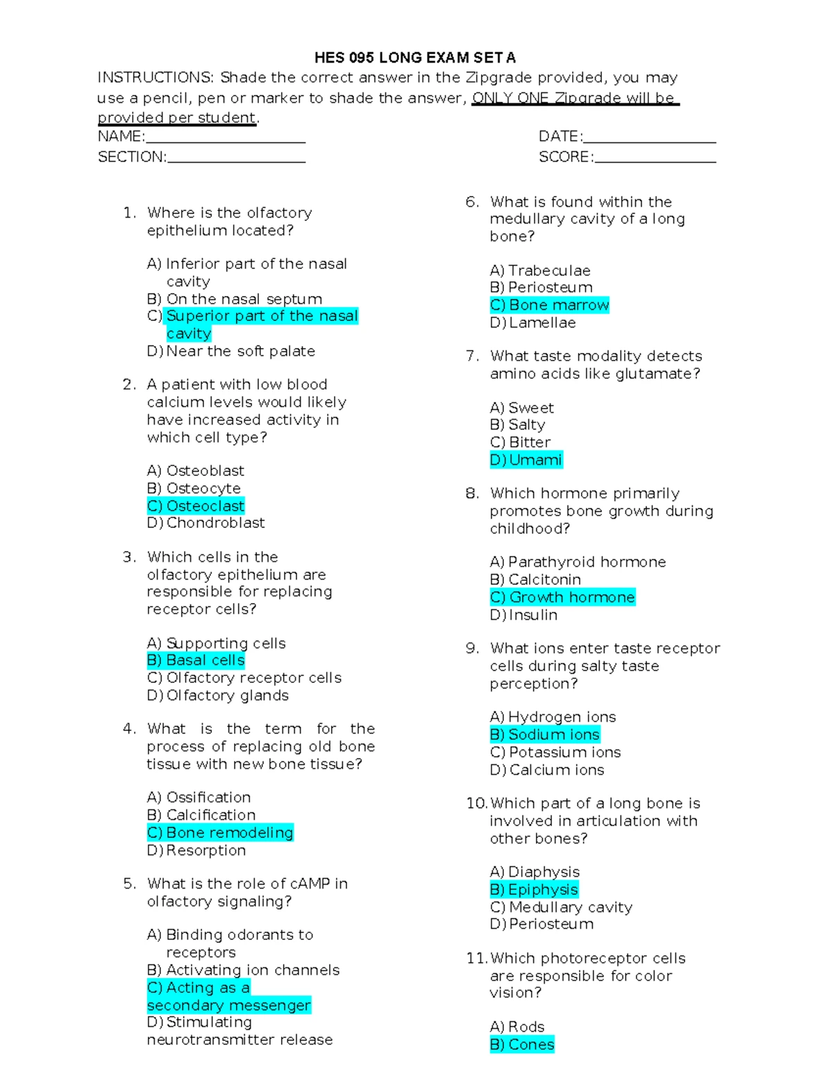 DEN 018 General Anatomy 1 Long Exam 1 Set A Practice Questions - Studocu