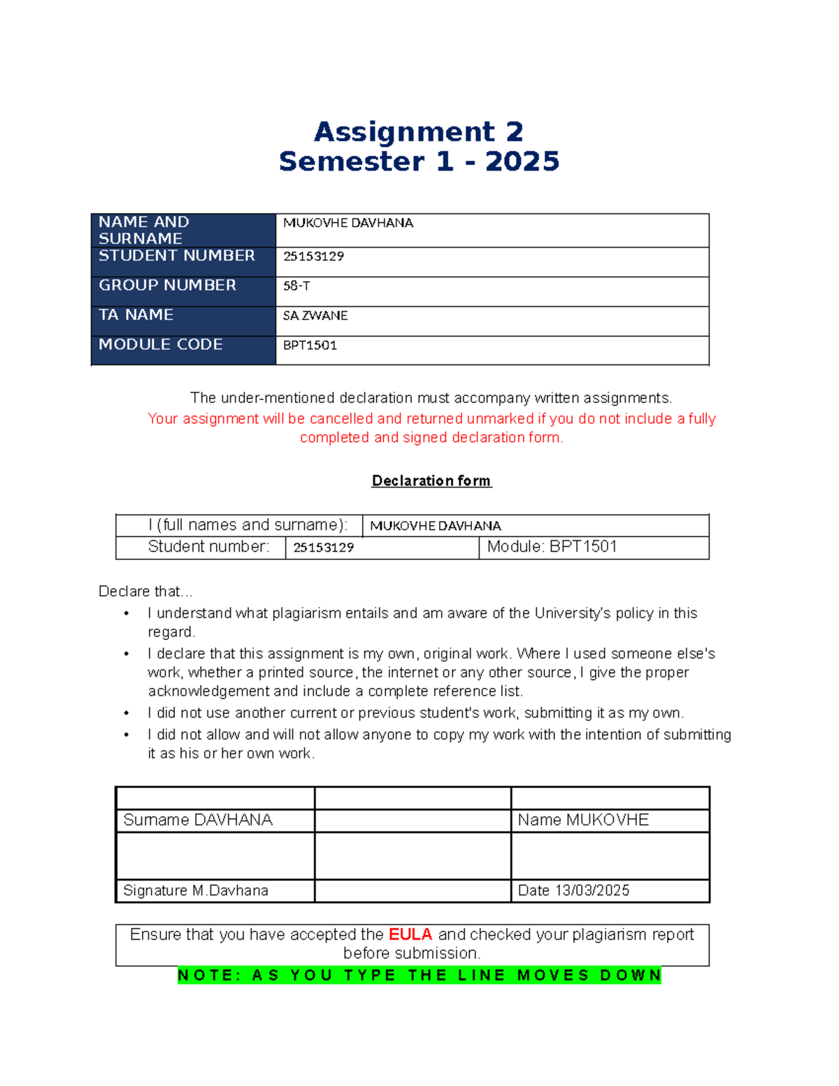 Assignment 2 Template (1) - Assignment 2 Semester 1 - 2025 NAME AND ...