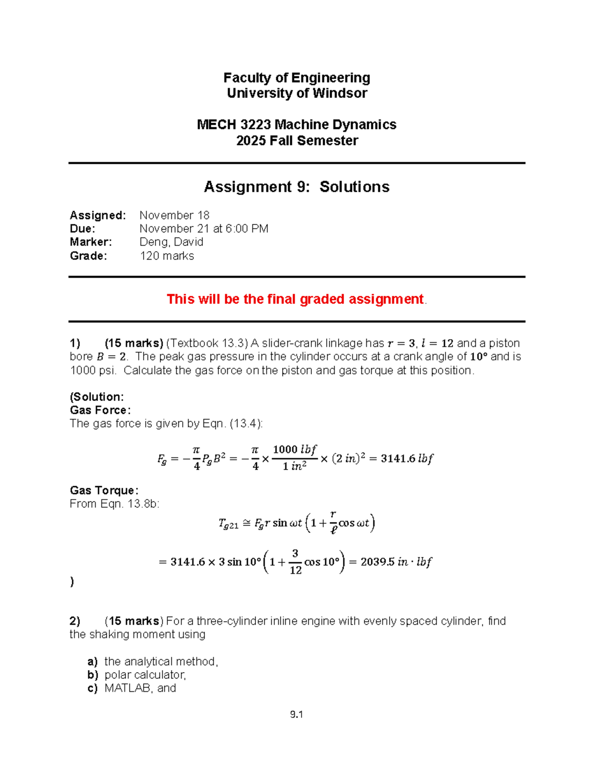 MECH 3223 Machine Dynamics Fall 2025 Assignment 09 Solutions - Studocu
