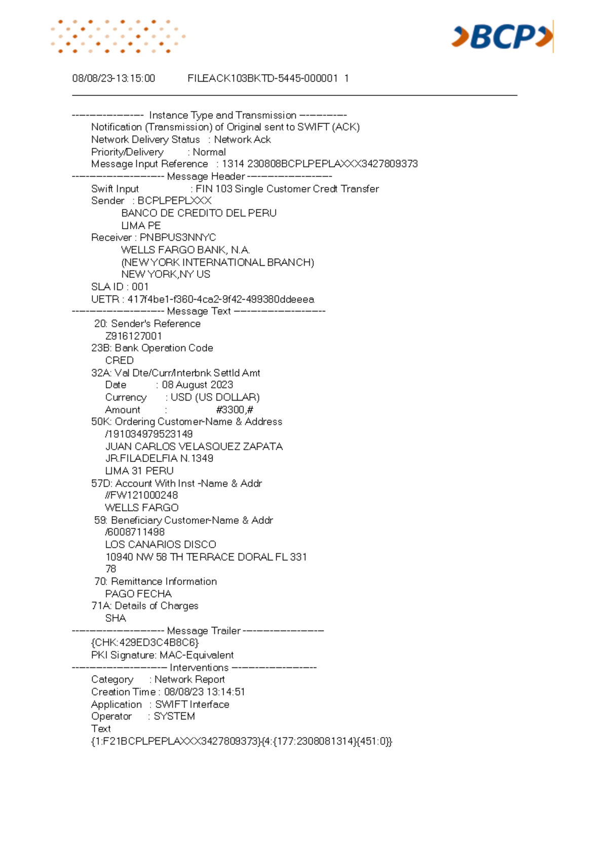 Swift MT 103 Transmission ACK - XQW Document - Report 08/08/23 - Studocu