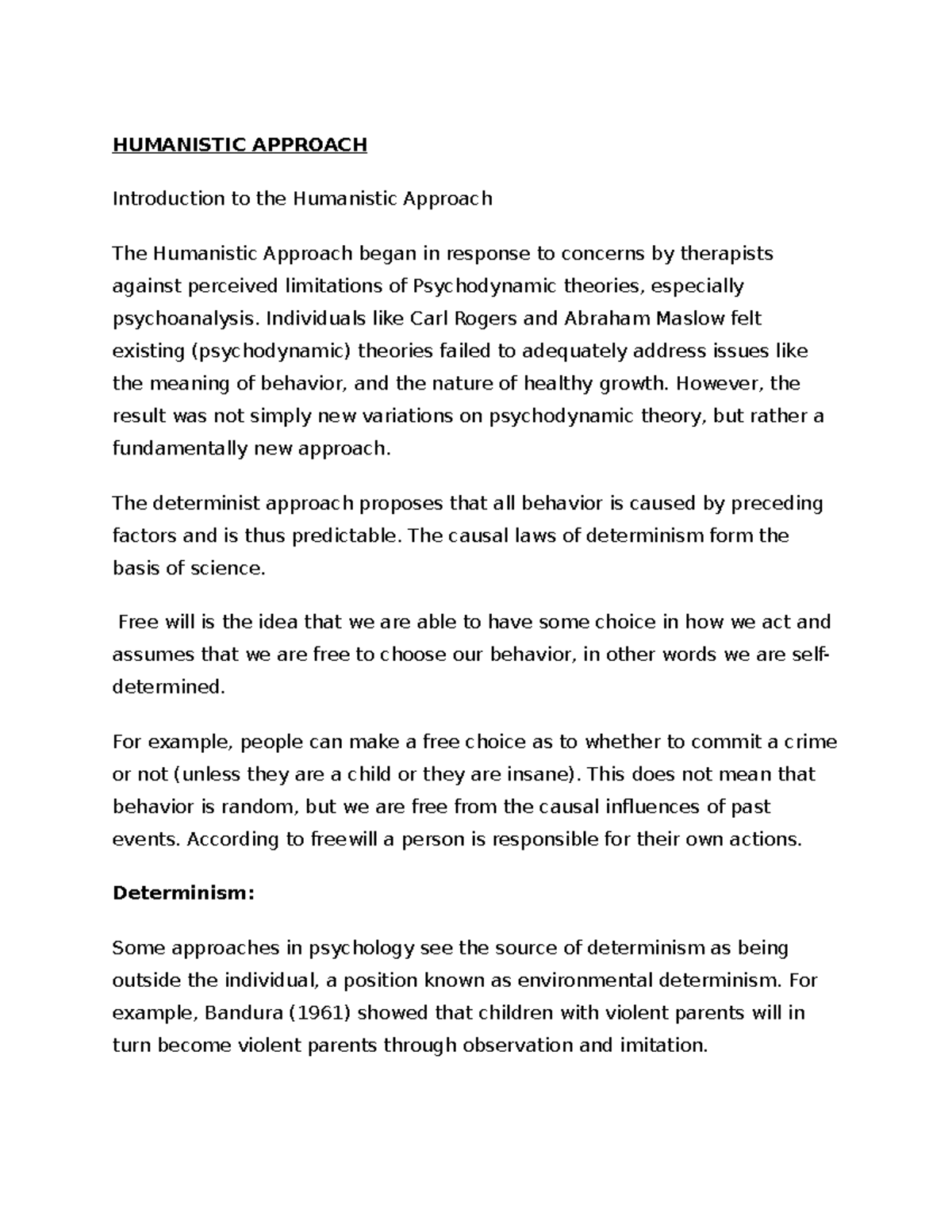 Humanistic approach - Lecture notes 3 - HUMANISTIC APPROACH ...