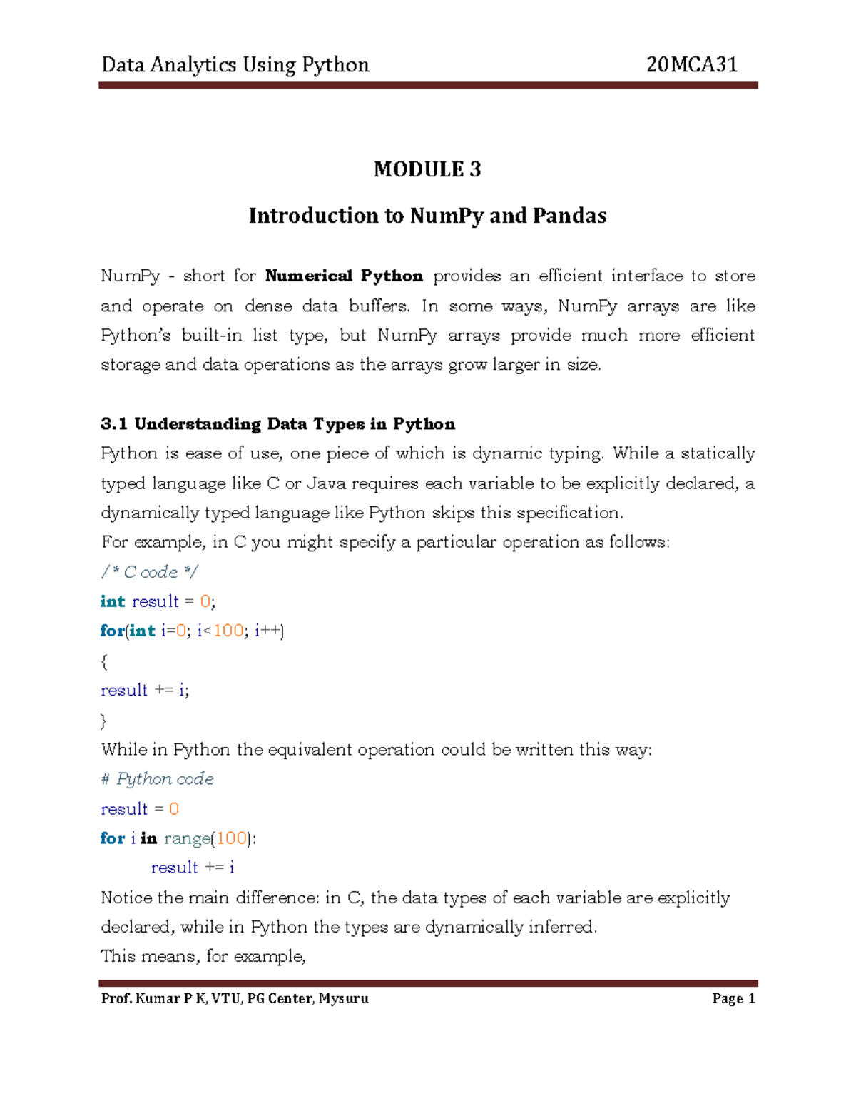 Data Analytics Using Python 20MCA31: Module 3 - NumPy & Pandas Notes ...
