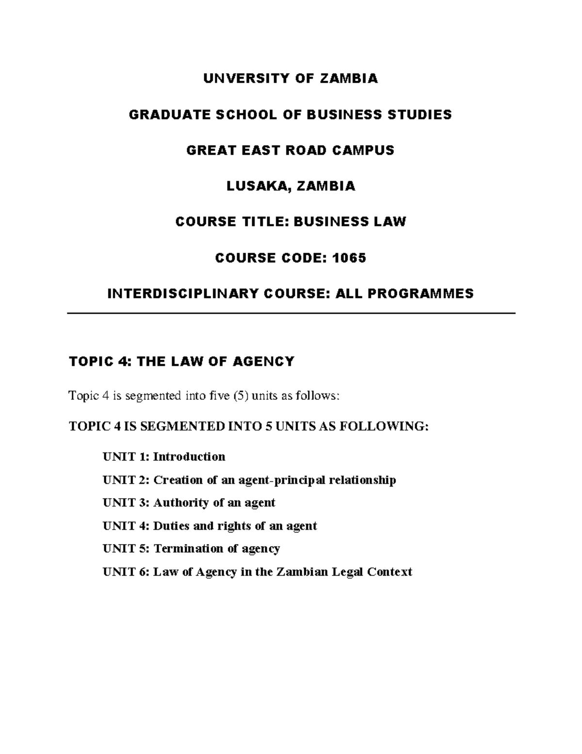 Business Law 1065: Topic 4 - The Law of Agency Explained - Studocu