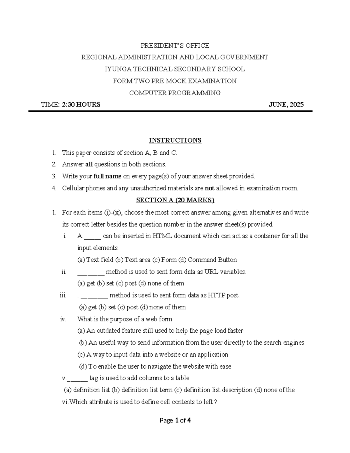 Computer Programming IYUNGA TECH SCHOOL Form Two Pre Mock Exam - Studocu