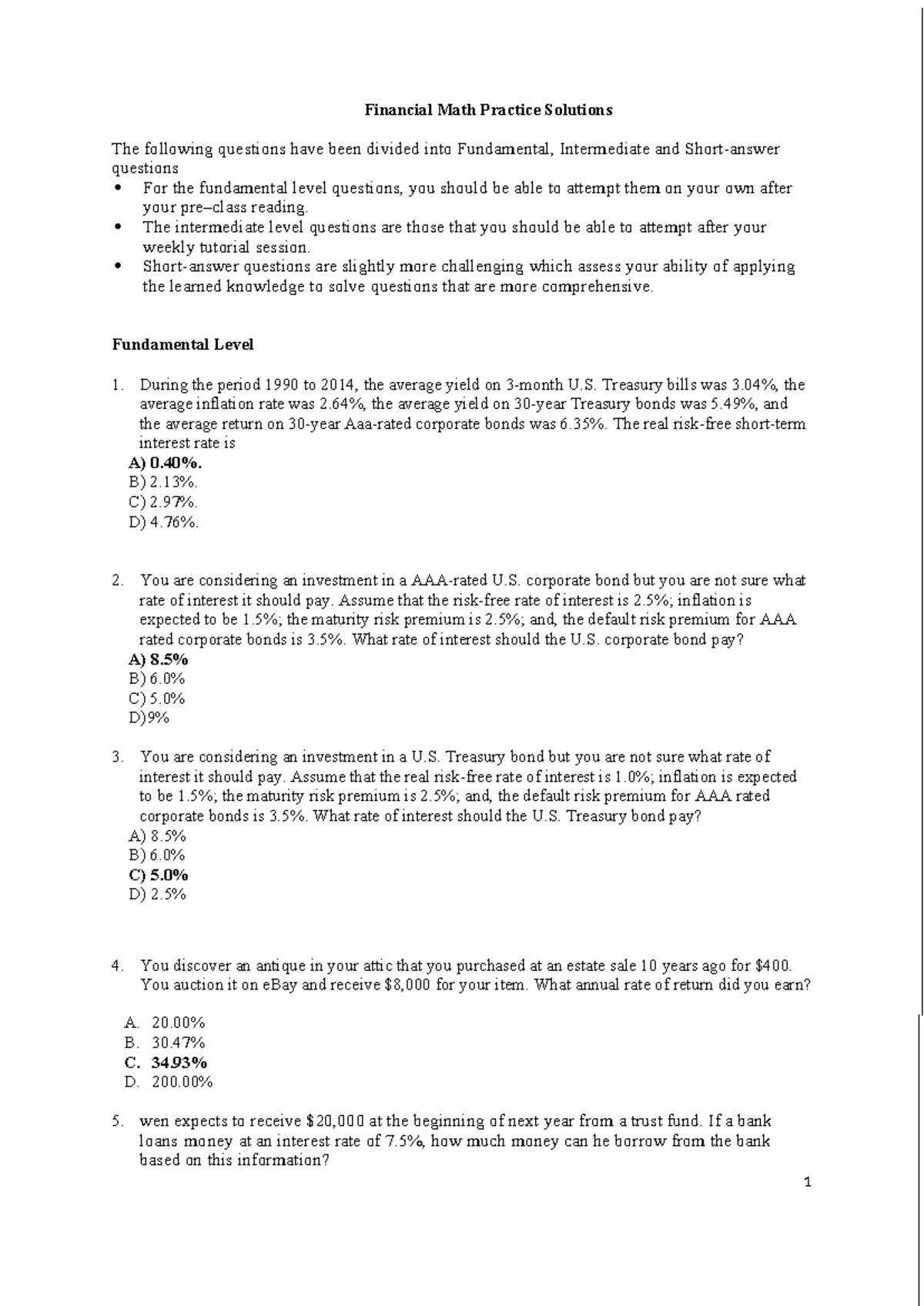 Financial Math Practice Solutions: Fundamental & Intermediate Questions ...