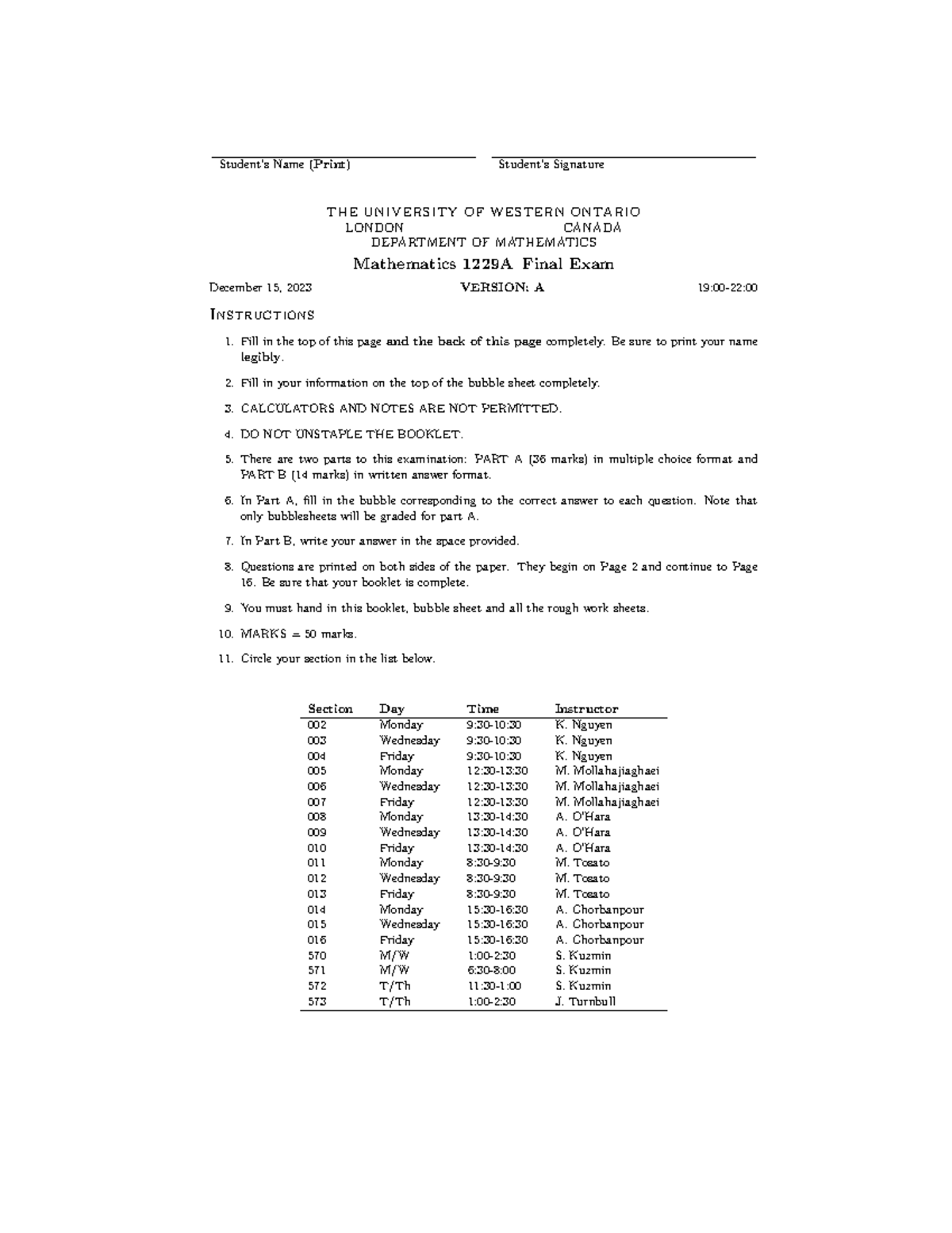 Fall 23 - MATH 1229A Final Exam Solutions and Important Details - Studocu