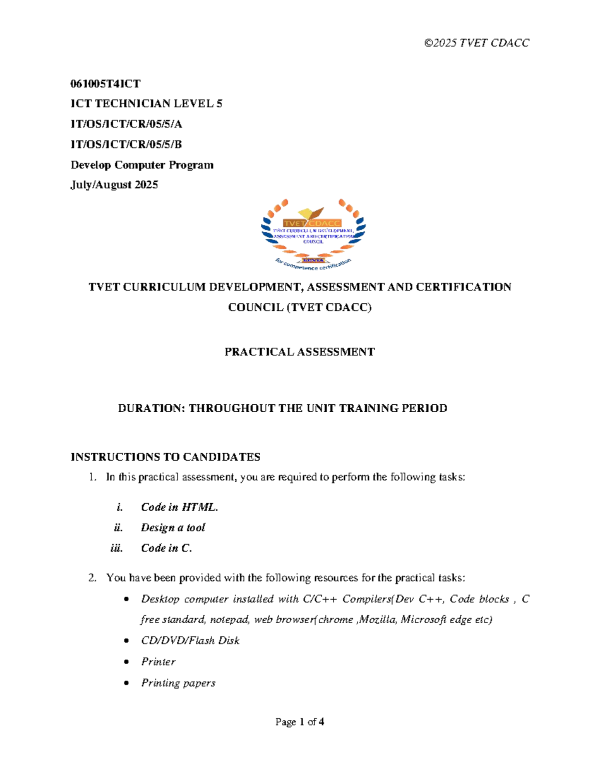 TVET CDACC 061005T4ICT Level 5 Practical: Develop Computer Program ...