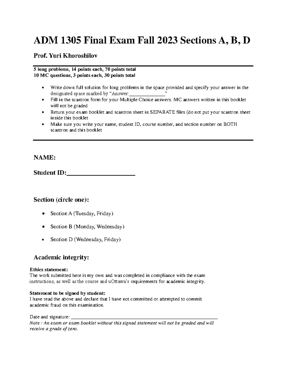 ADM1305 Final exam questions Fall 2023 - ADM 1305 Final Exam Fall 2023 ...