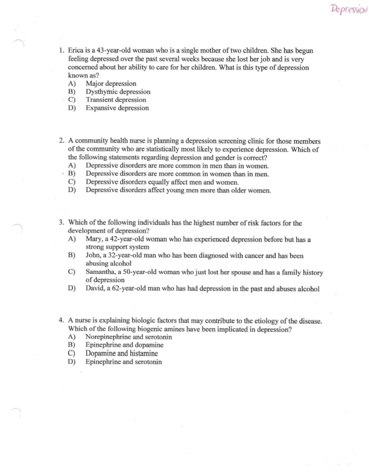 Additional Practice Questions on Depression - Course Code: PSY 101 ...
