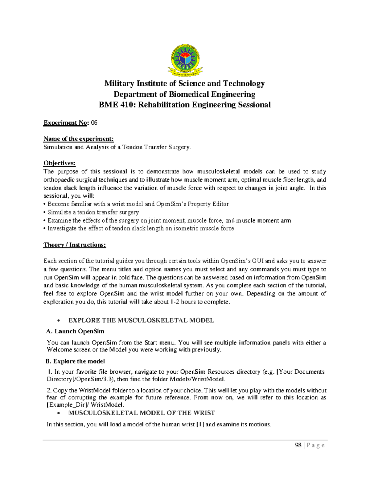 BME 410: Simulation & Analysis of Tendon Transfer Surgery Lab Report ...