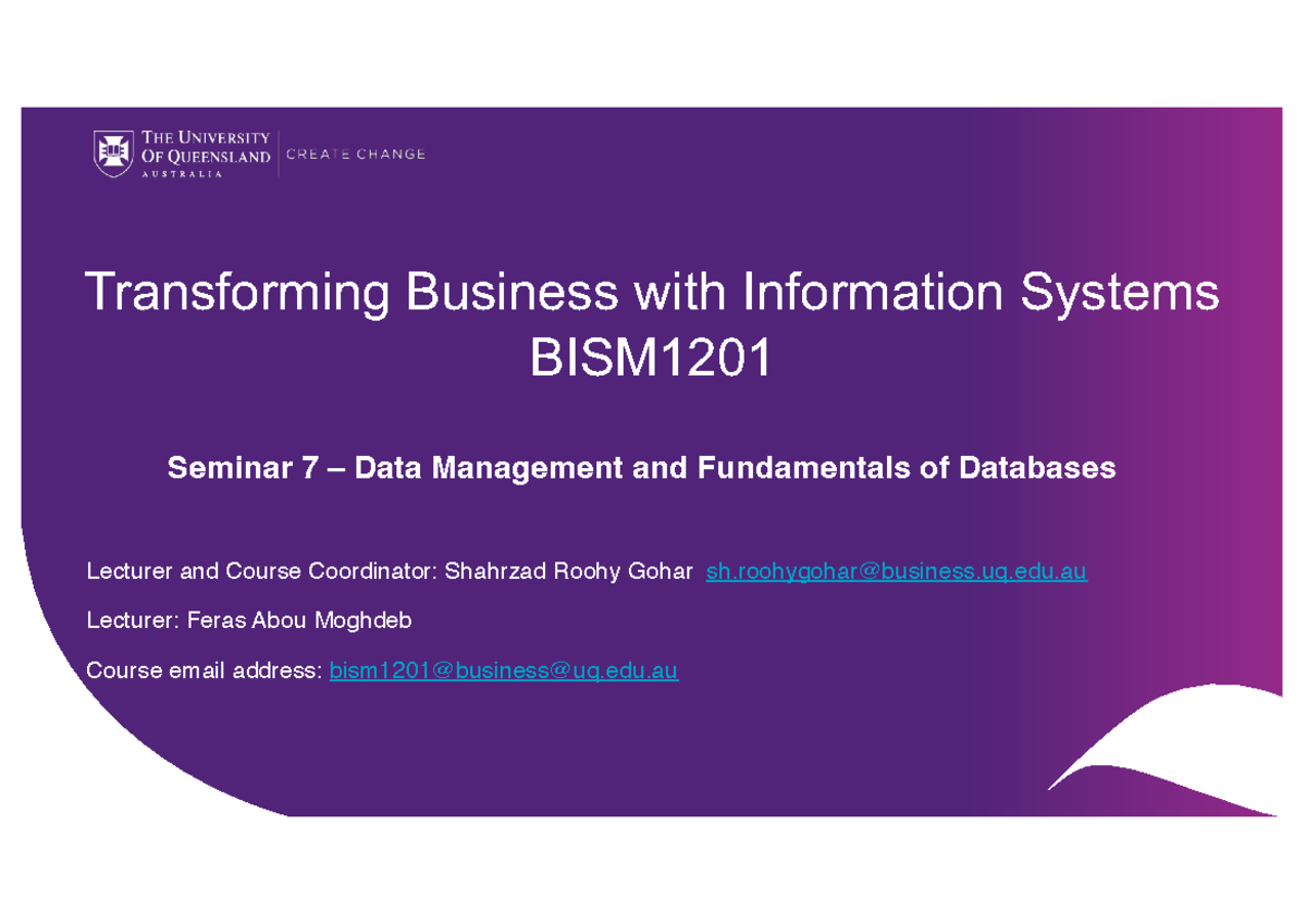 BISM1201 Seminar 7: Data Management & Database Fundamentals - Studocu