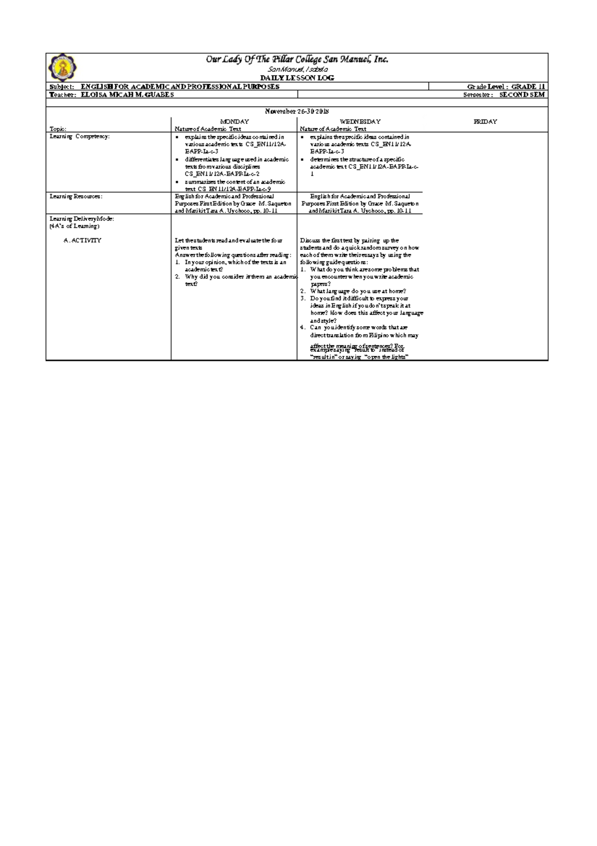Daily Lesson Log on English for Academic and Professional Purposes ...
