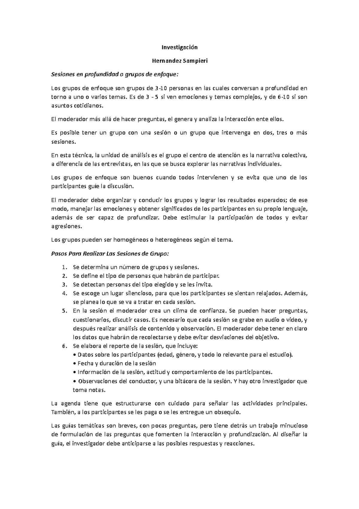 Métodos de Análisis en Grupos de Enfoque: Resumen Investigativo - Studocu