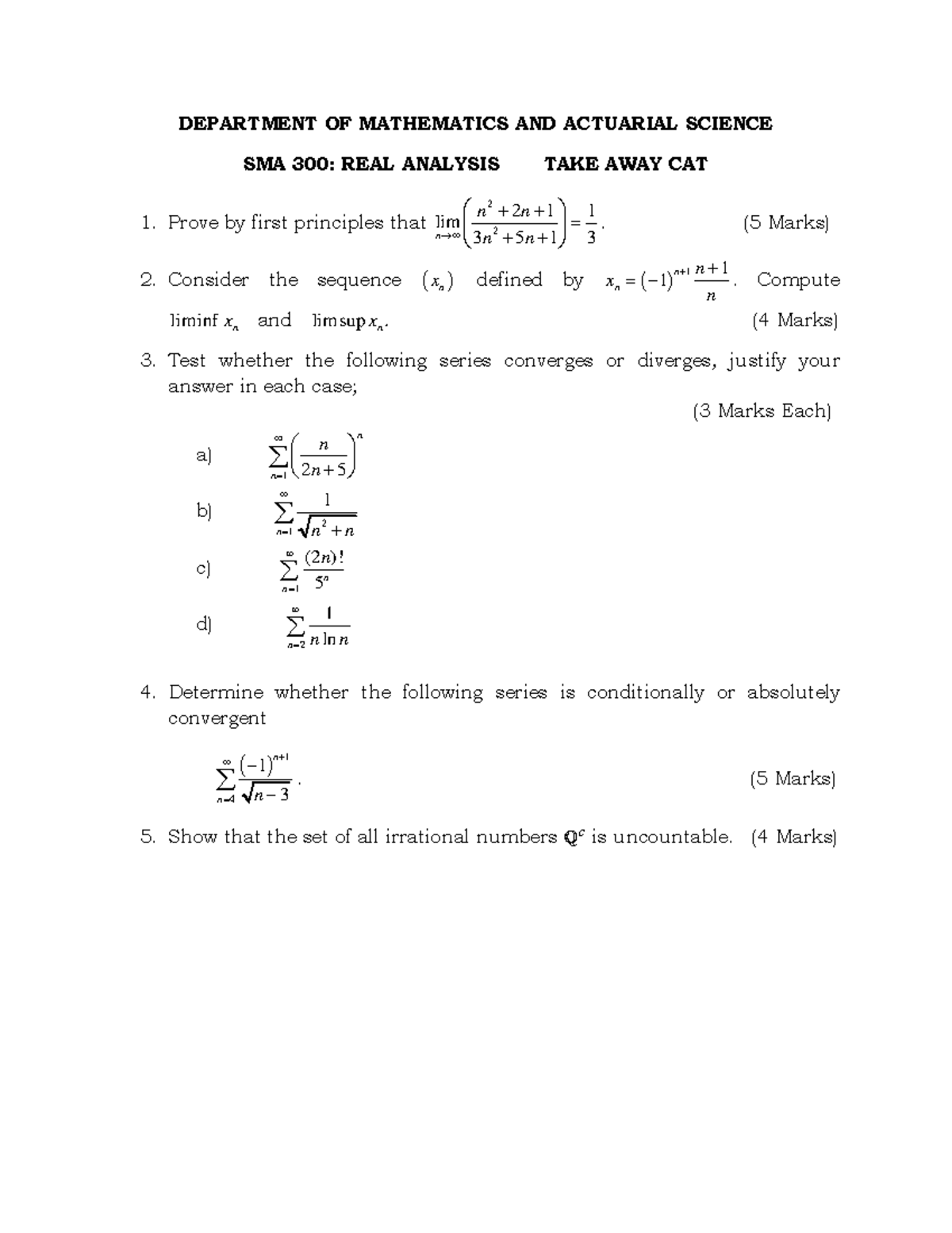 SMA 300: Real Analysis Take Away CAT - Key Concepts and Problems - Studocu