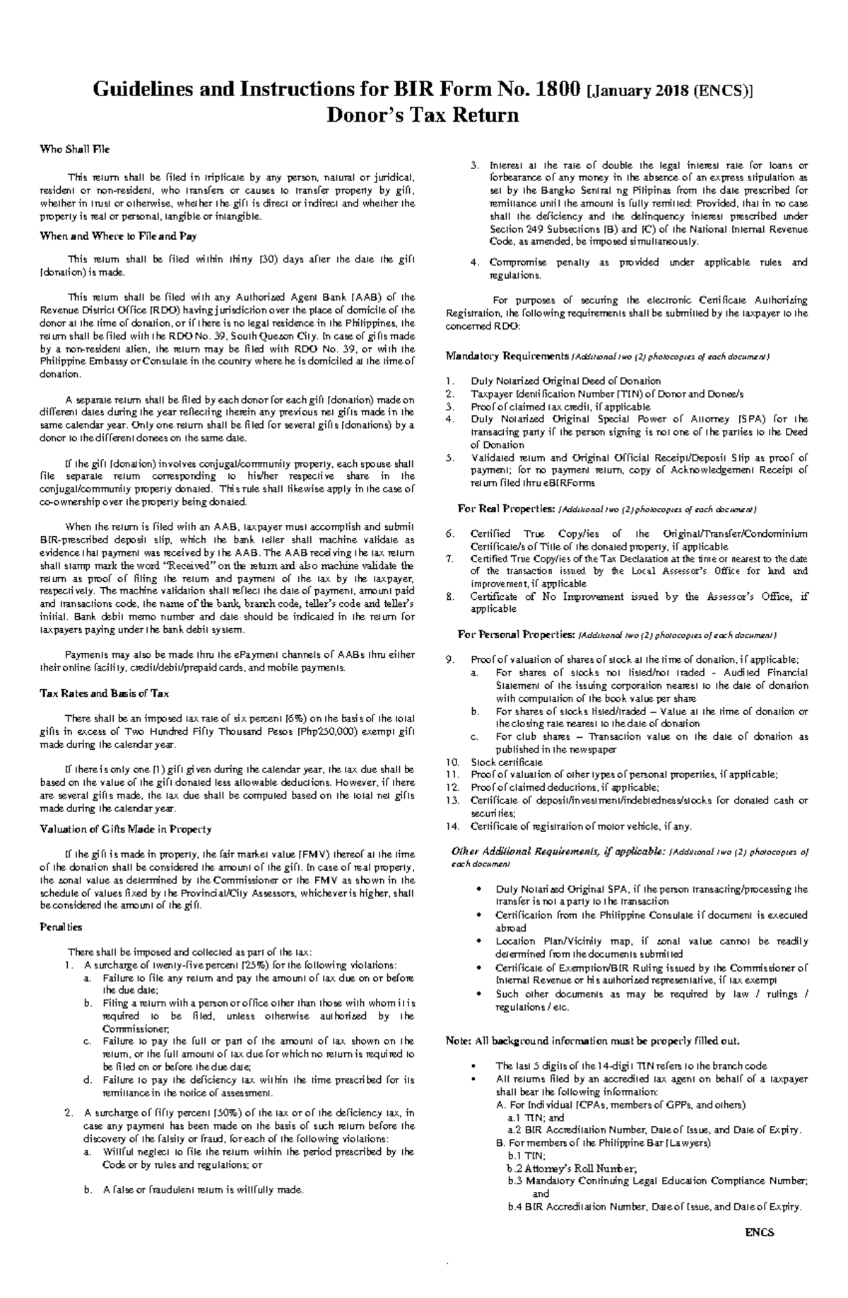 BIR Form No. 1800 Guidelines for 2018 Tax Return Filing - Studocu