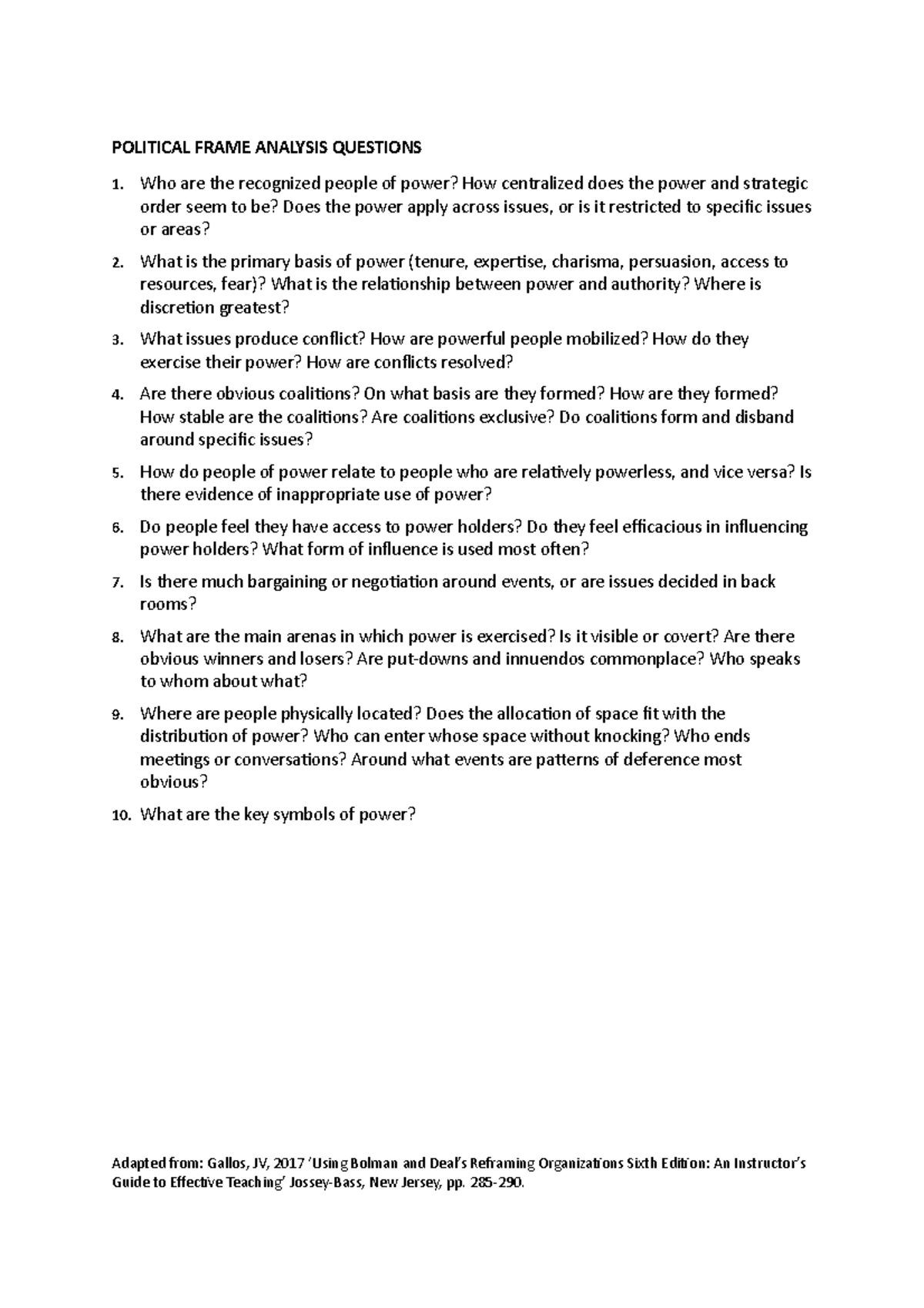 Political Frame Analysis Questions for final assignment - POLITICAL ...