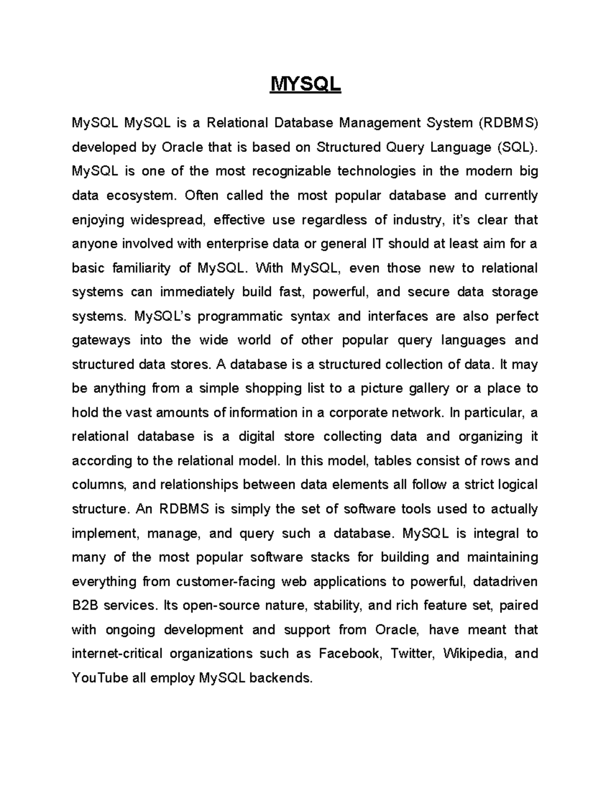 MySQL - Assignment Overview of RDBMS and Its Applications - Studocu