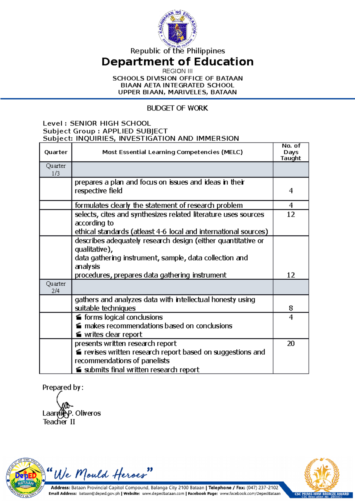 Triple I - Senior High School Budget of Work (Bataan) - Studocu