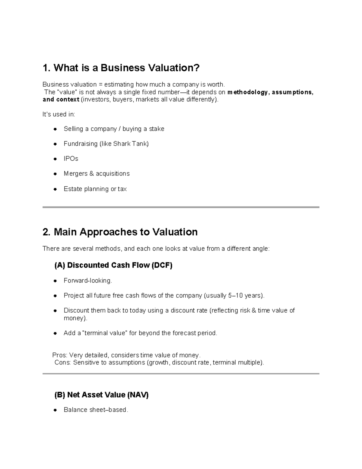 Business Valuation Notes: Key Approaches & Methodologies - Studocu