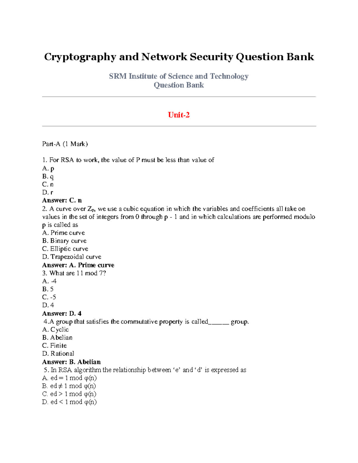 Unit 2 Question Bank: Cryptography and Network Security Insights - Studocu