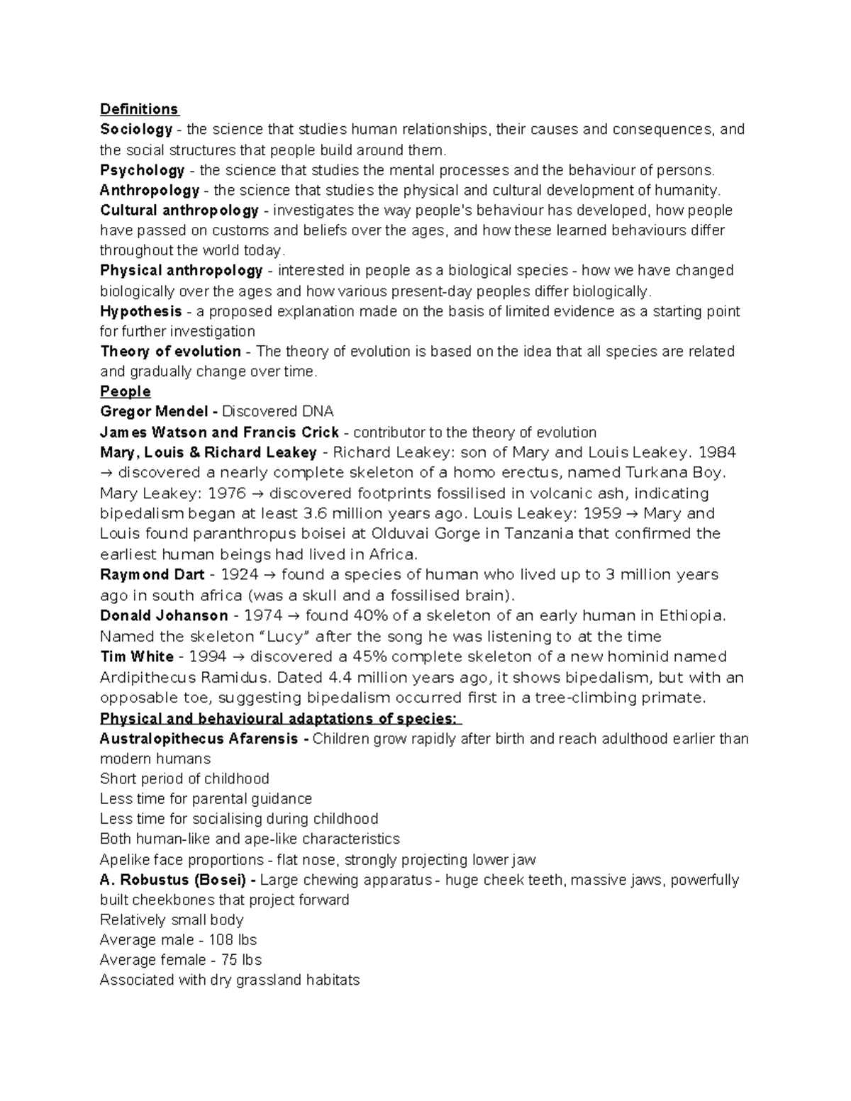 SAP 101 - Study Sheet on Human Evolution & Anthropology Concepts - Studocu