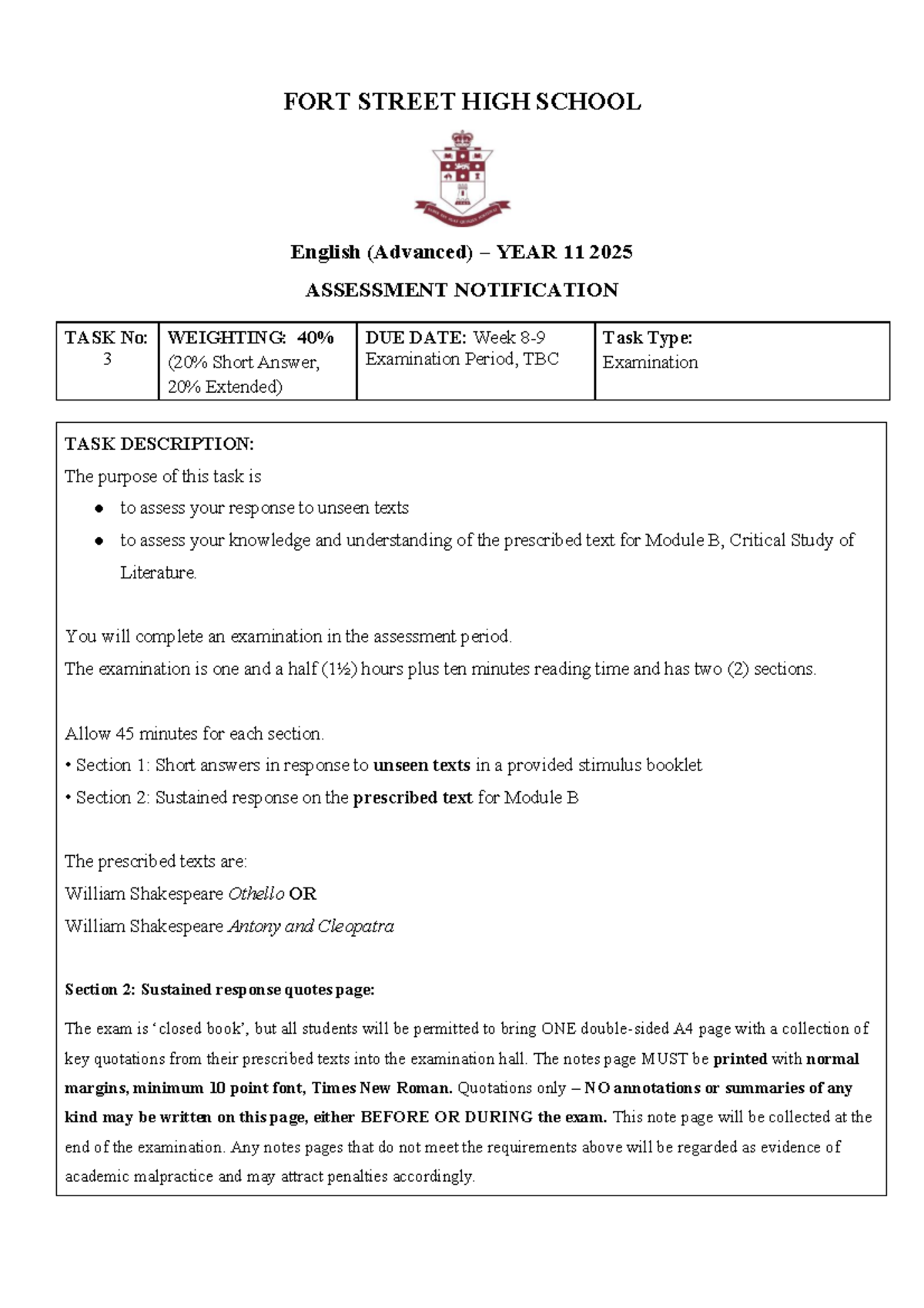 2025 FSHS English Adv Year 11 Exam Notification - Task 3 - Studocu