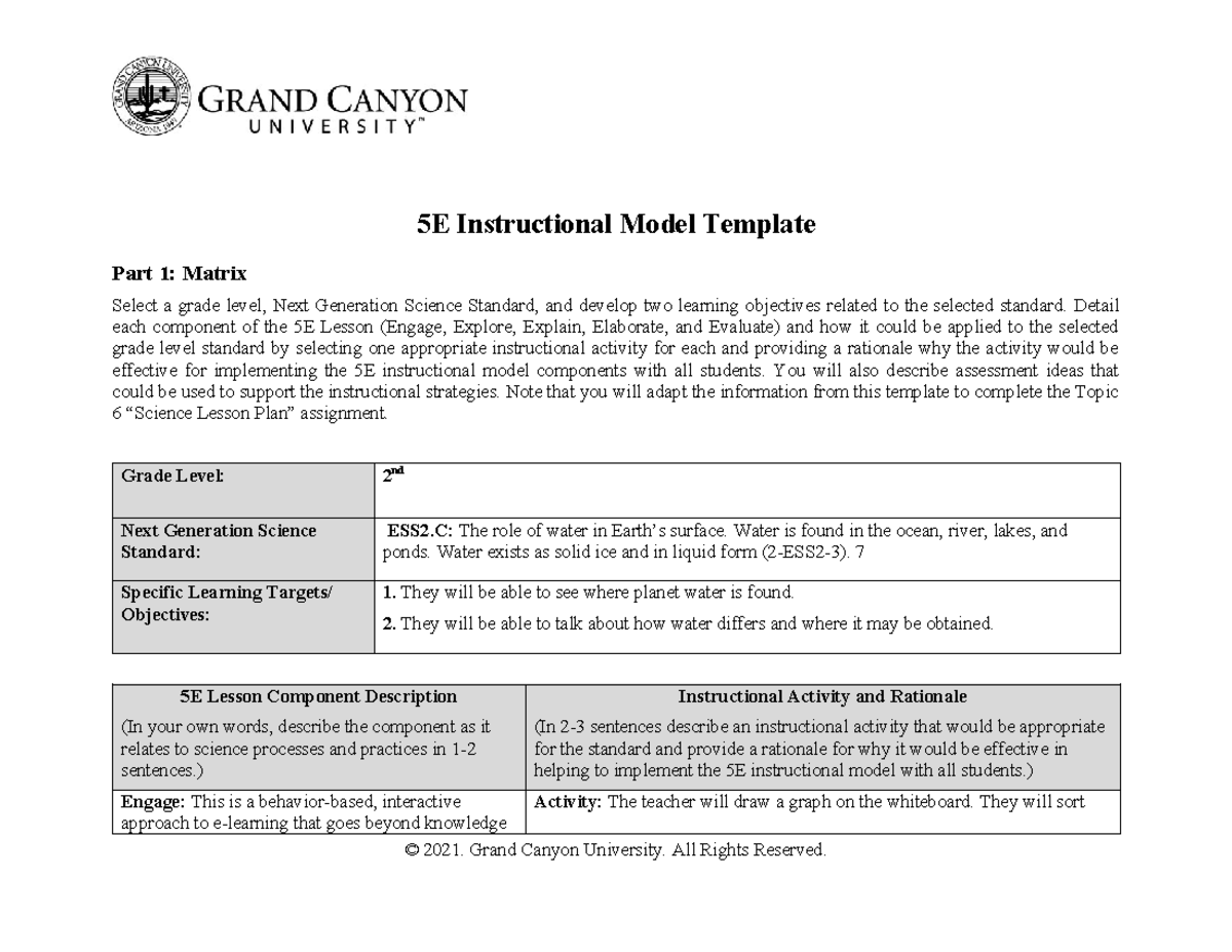 ELM 361 RS 5E Instructional Model Template: 2nd Grade Water Standards ...