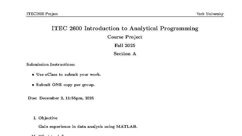 ITEC2600 Fall 2025 Group Project: Data Analysis with MATLAB - Studocu