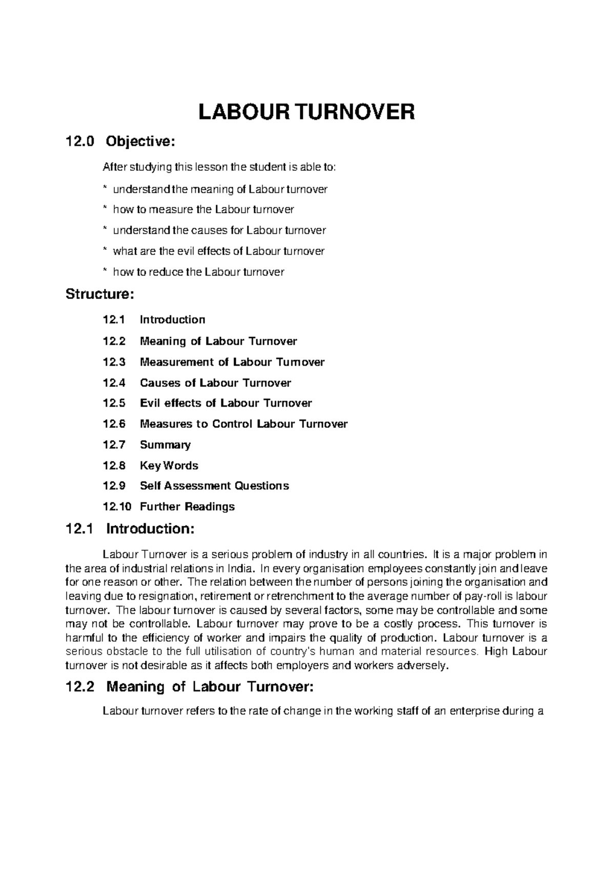 Labour turnover DSH PDF - LABOUR TURNOVER 12 Objective: After studying ...