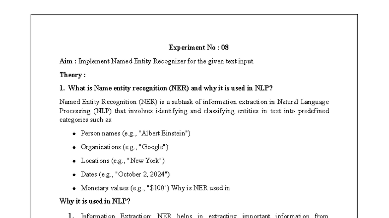 NLP EXP 08 - Implementing Named Entity Recognition Techniques - Studocu