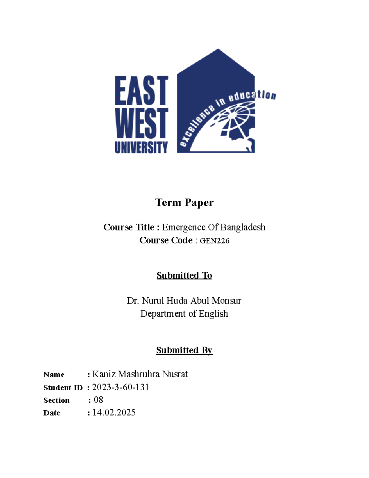 GEN226 Term Paper: Reflection on the Liberation War of Bangladesh - Studocu