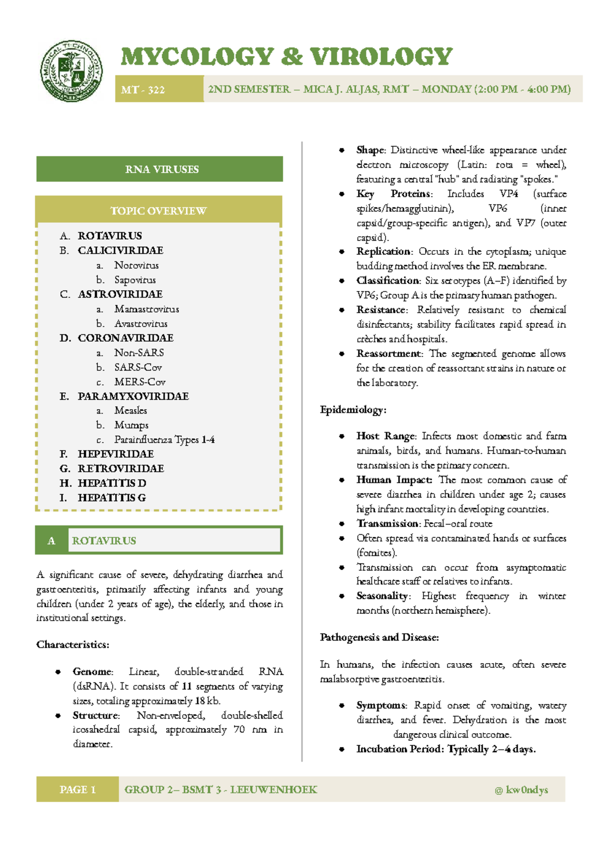 Mycology Virology MT 322 2nd Sem: Overview of RNA Gastroenteric Viruses ...