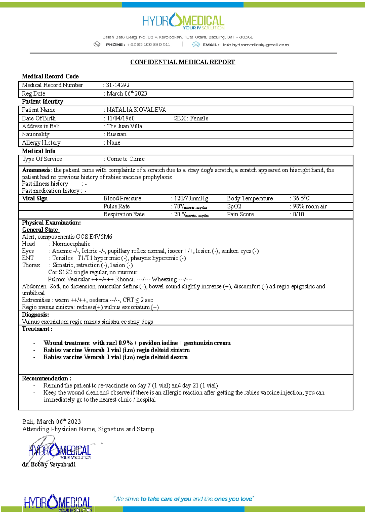 Medical Report: Rabies Vaccination for Patient Natalia Kovaleva - Studocu