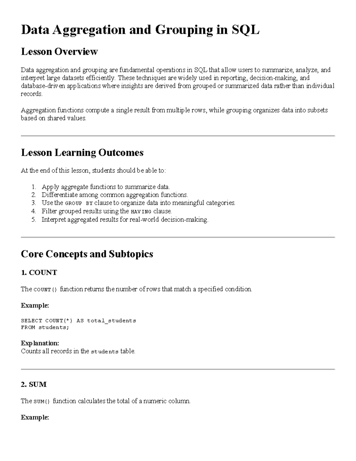 SQL 101: Data Aggregation & Grouping Lesson Overview - Studocu