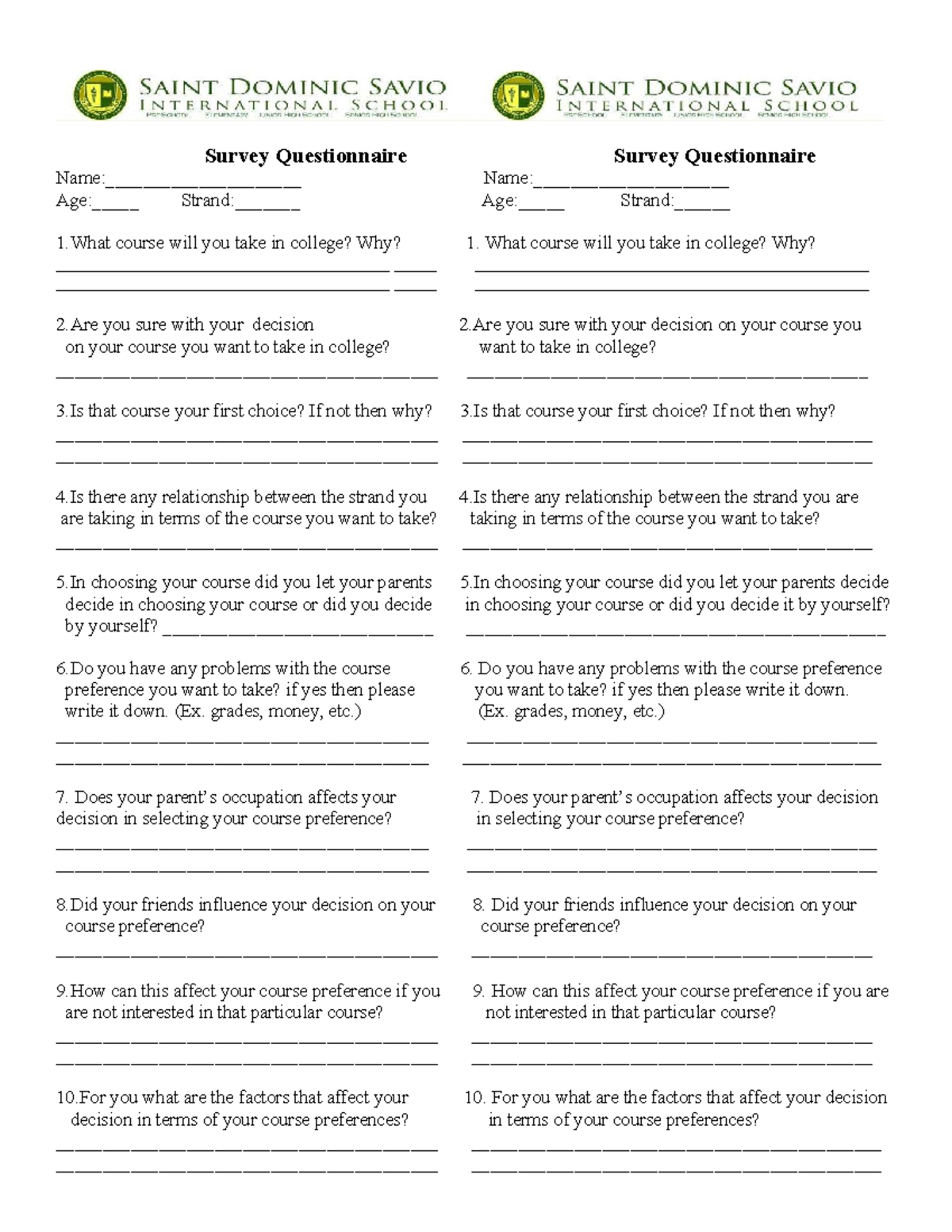 Survey Questionnaire for College Course Selection - Studocu