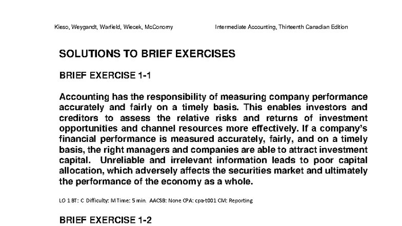 Intermediate Accounting (ACC 301) - Solutions to Brief Exercises - Studocu