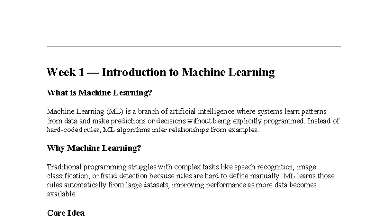 Week 1 - Intro to Machine Learning Concepts and Types - Studocu