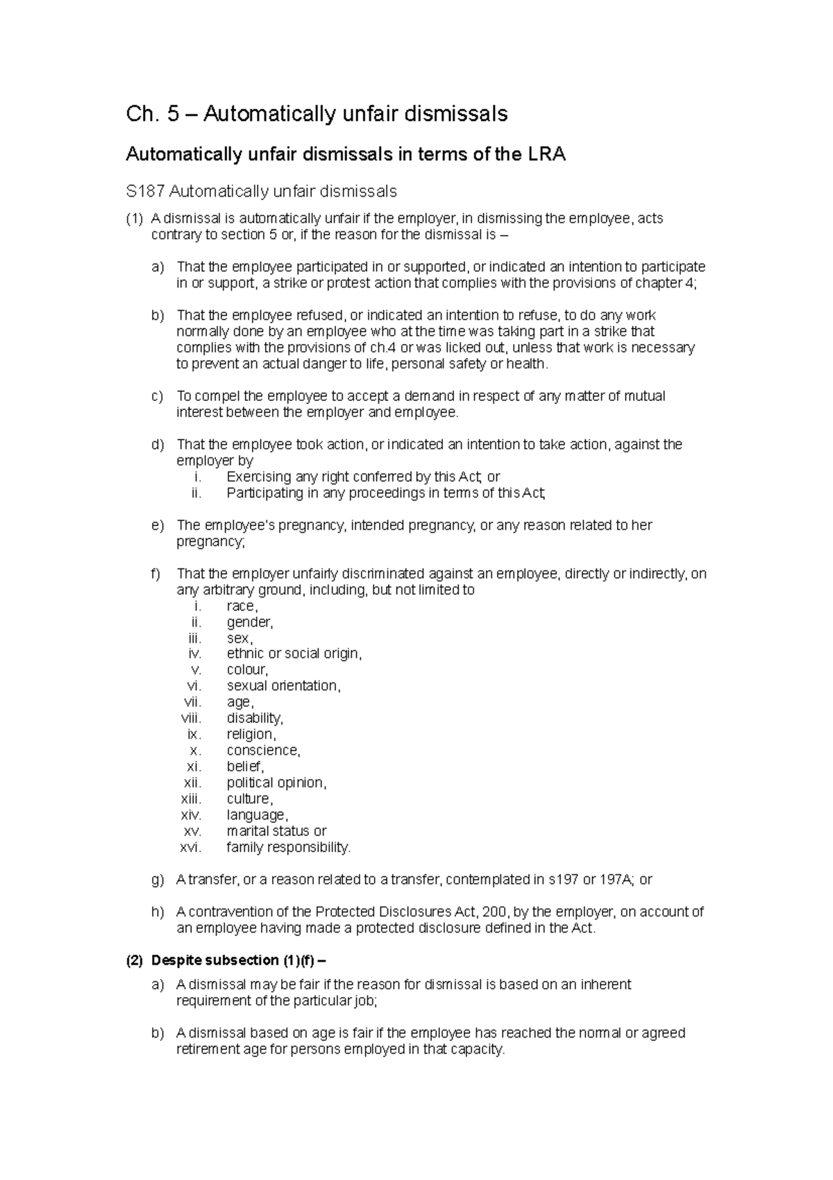 Ch. 5 - Notes on Automatically Unfair Dismissals in Employment Law ...