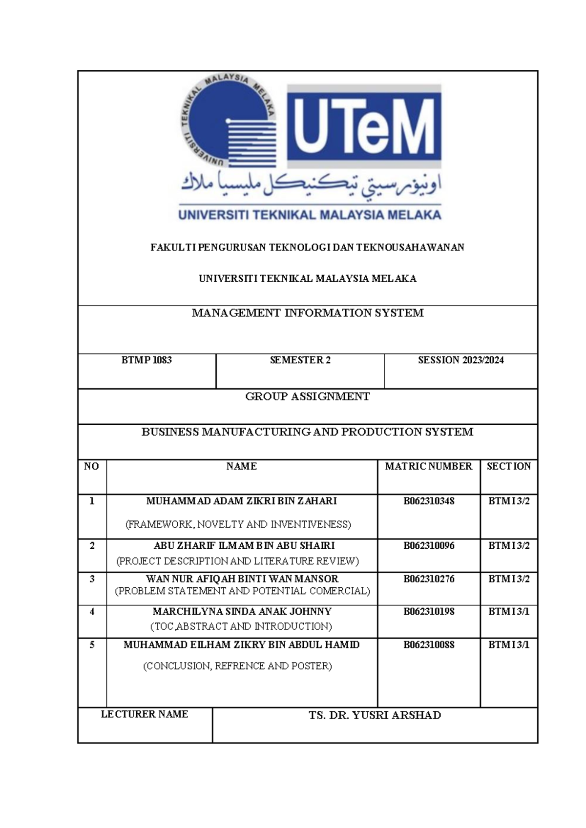 MIS group assignment - manangement - FAKULTI PENGURUSAN TEKNOLOGI DAN ...