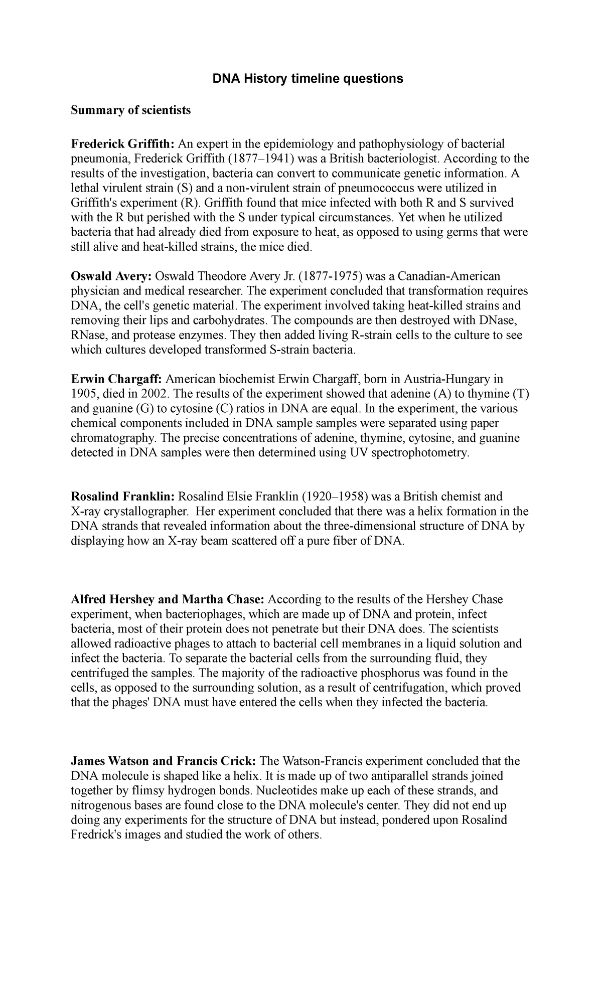 DNA History timeline questions - DNA History timeline questions Summary ...